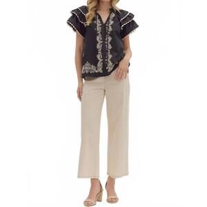 NEW ENTRO scalloped flutter sleeve v neck top in black